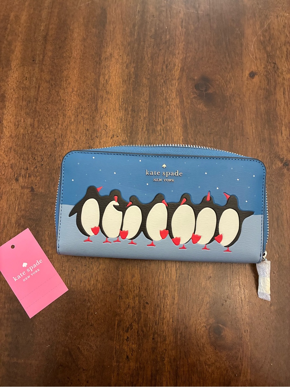 Kate Spade Arctic Friends Penguin Wallet Large Continental Blue Zipper New NWT